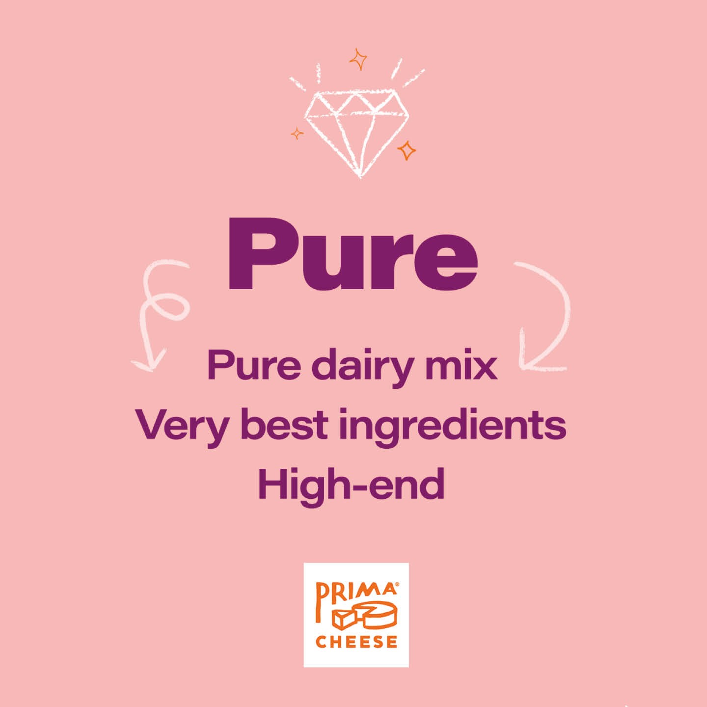 Pink background overlaid with purple text. It says, Pure. Pure dairy mix, very best ingredients, high end. A white drawing of a diamond is positioned above it.